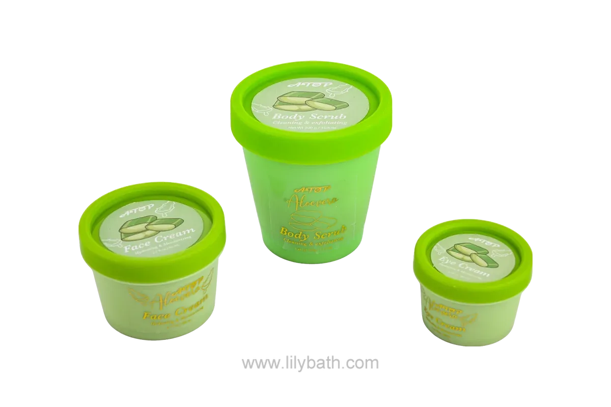 Set de cuidado facial de 3 piezas con aloe vera: exfoliante corporal, crema para ojos y crema facial para una piel hidratada, suave y radiante.