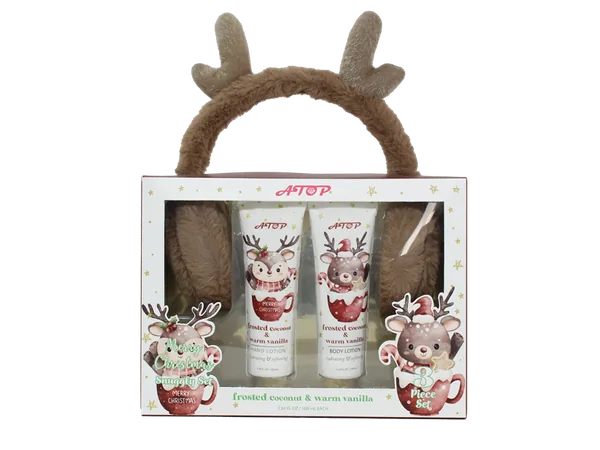 2-in-1 Christmas Hand & Body Lotion Set with Fuzzy Reindeer Earmuffs - Frosted Coconut & Warm Vanilla, Hydrating Holiday Gift view 3