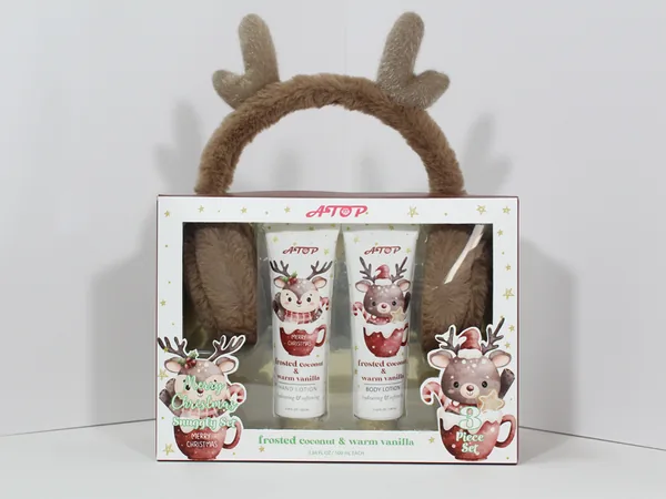 2-in-1 Christmas Hand & Body Lotion Set with Fuzzy Reindeer Earmuffs - Frosted Coconut & Warm Vanilla, Hydrating Holiday Gift view 2