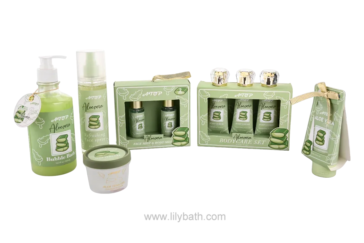 Set de cuidado corporal de aloe vera: refrescante colección para el baño y el cuidado de la piel con baño de burbujas, bruma corporal, spray facial y caja de regalo.