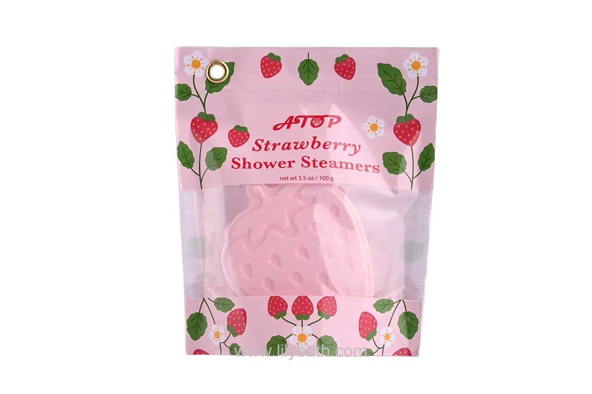 Pastillas de vapor para la ducha con aromaterapia y sabor a fresa en bolsa de PVC con ventana - Pastillas de vapor para la ducha que brindan una refrescante experiencia de spa en casa.