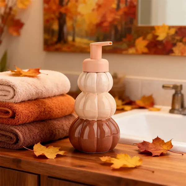 Dispensador de jabón líquido con forma de calabaza - Dispensador de jabón líquido con temática de otoño y Halloween, bonito diseño de cerámica para el baño. 4