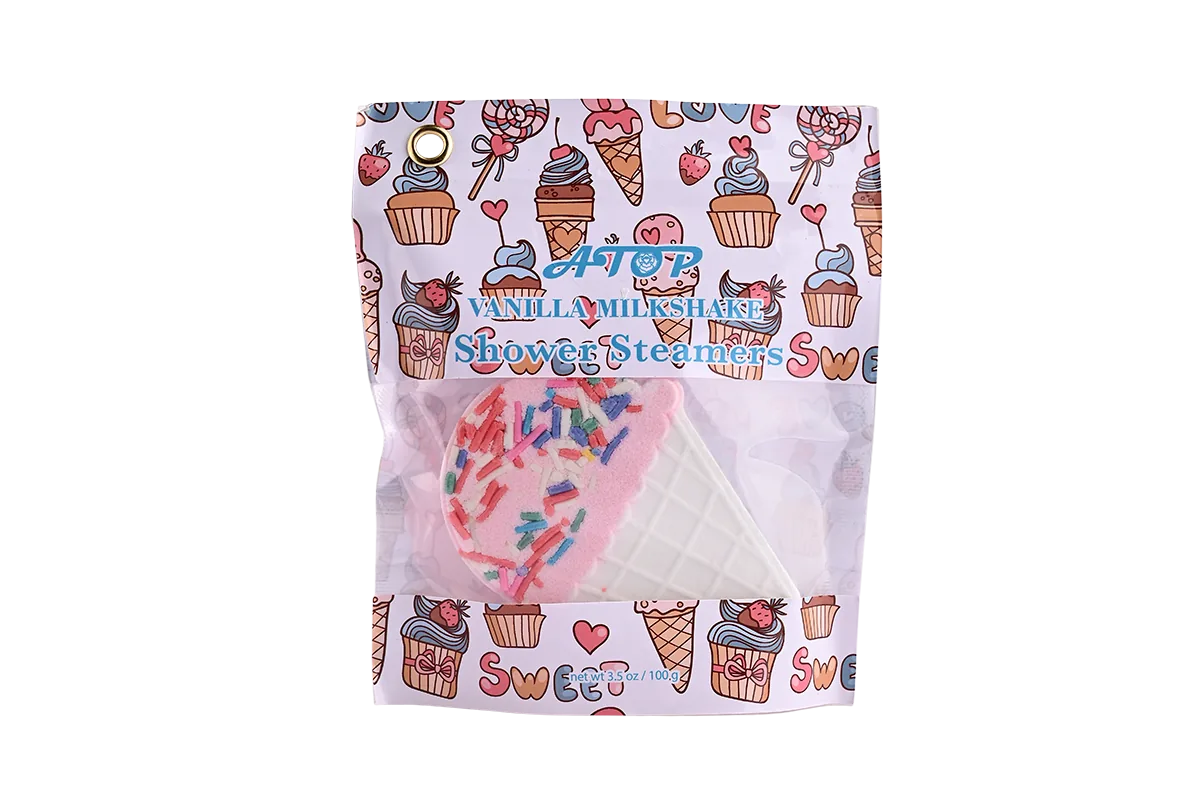100g Vanilla Milkshake Shower Steamers in Printed PVC Bag for Relaxing Home Spa Experience