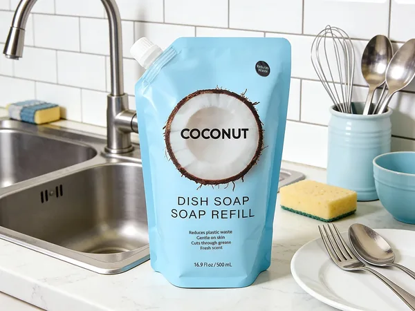 16.9 Fl oz / 500 mL Coconut Dish Soap Refill Pouch – Gentle Degreasing & Fresh Coconut Scent view 6