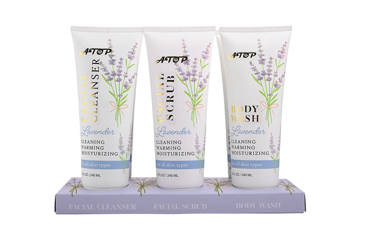 Lavender Skincare Set - Facial Cleanser, Facial Scrub & Body Wash Gift Set in White Tubes with Decorative Lavender Paper Tray