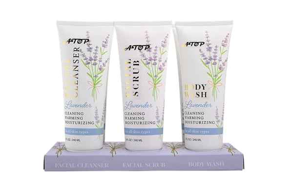 Lavender Skincare Set - Facial Cleanser, Facial Scrub & Body Wash Gift Set in White Tubes with Decorative Lavender Paper Tray view 1