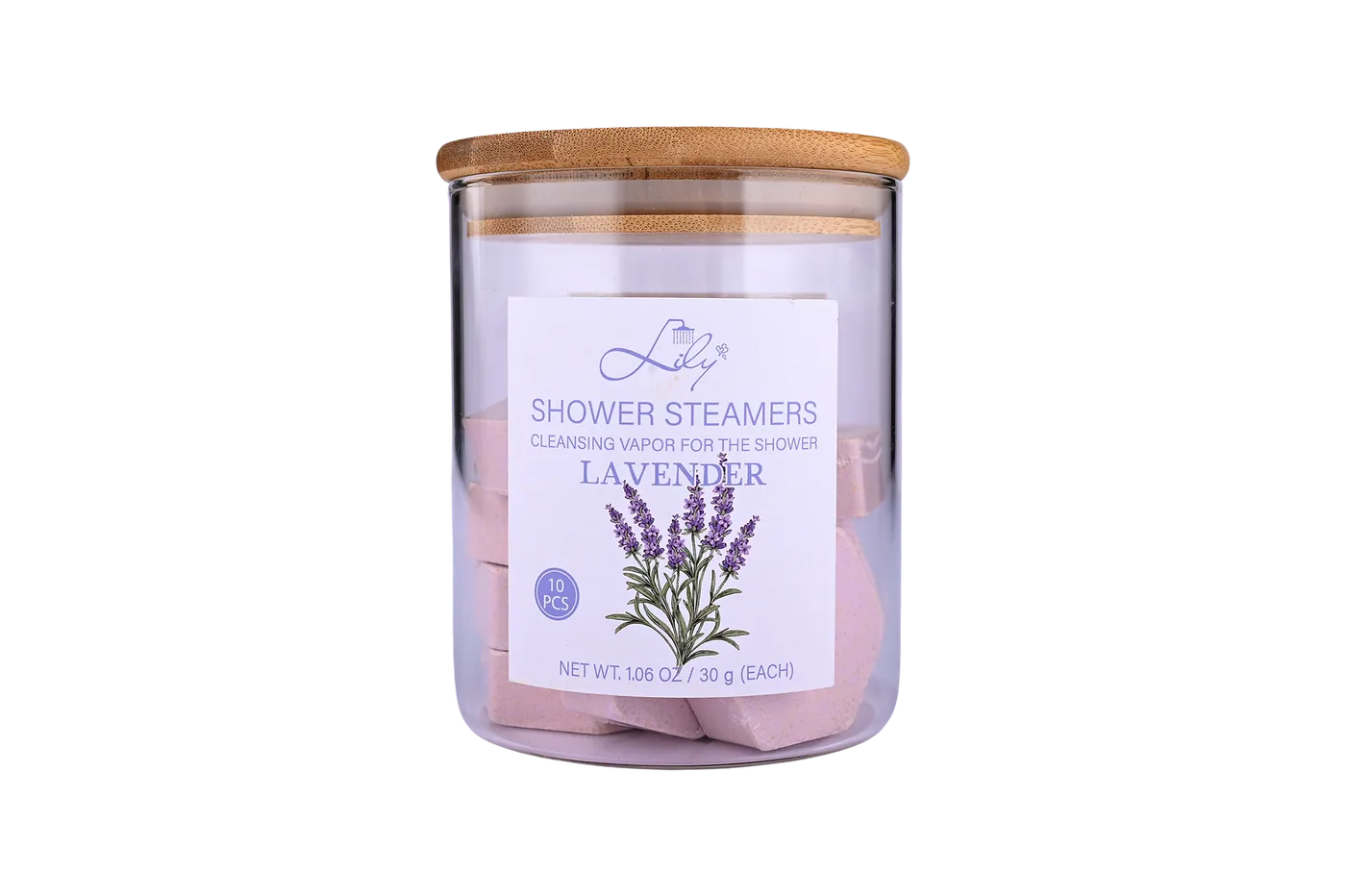 10 Pieces Lavender Shower Steamers in Glass Jar with Bamboo Lid for Relaxing Aromatherapy Spa Experience - Lily Bath
