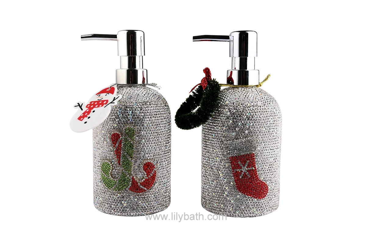 Dispensador de jabón líquido para baño con decoración navideña: diseño de copo de nieve y árbol con purpurina de lujo y bomba plateada.