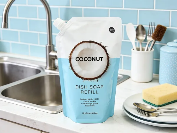 16.9 Fl oz / 500 mL Coconut Dish Soap Refill Pouch – Gentle Degreasing & Fresh Coconut Scent view 5