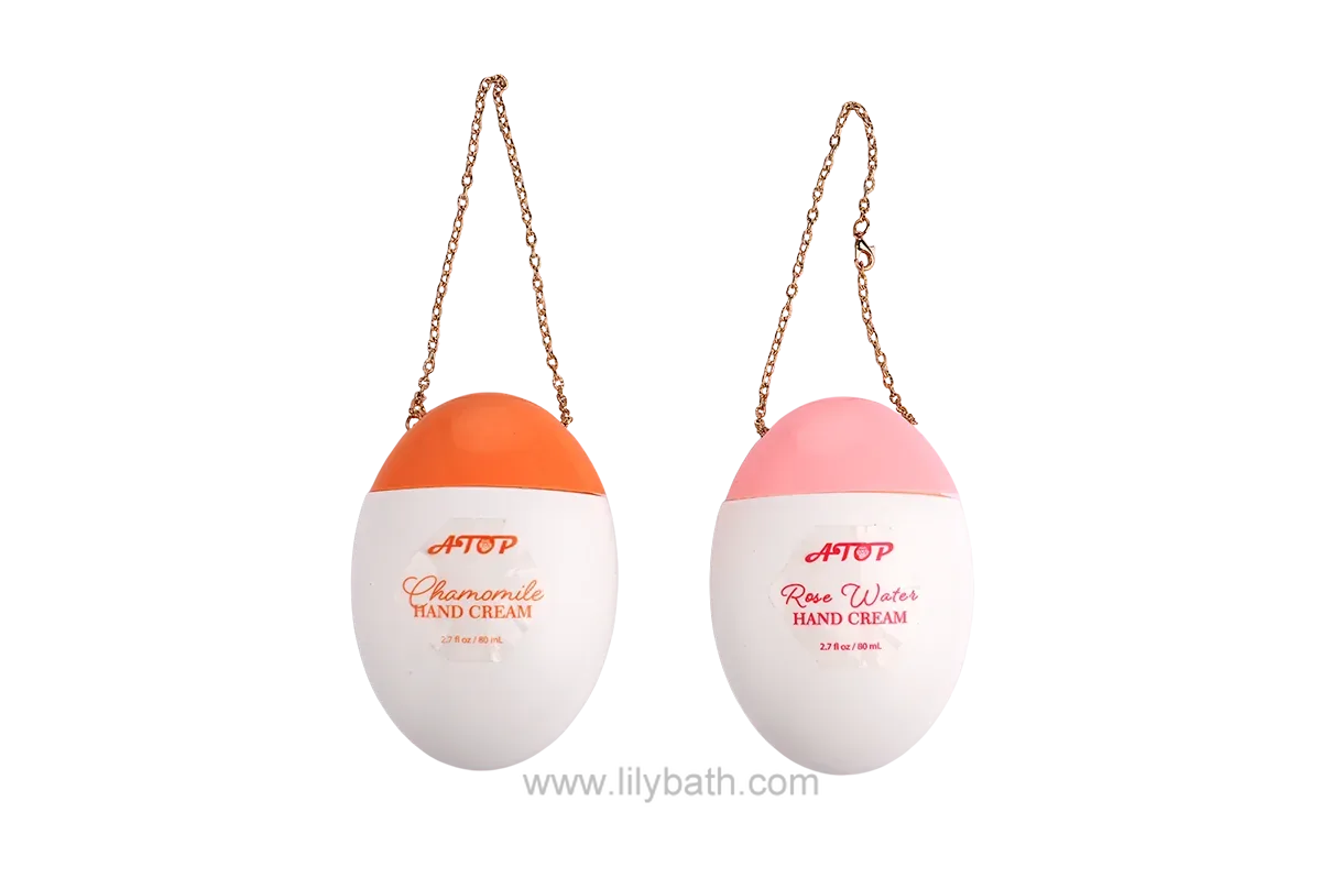 Crema de manos con diseño ovalado personalizado y cordón - Crema de manos de viaje de varios tamaños con cinta de tela y cadena metálica