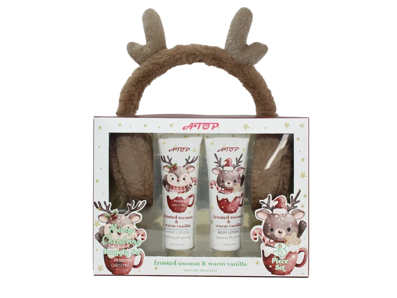 2-in-1 Christmas Hand & Body Lotion Set with Fuzzy Reindeer Earmuffs - Frosted Coconut & Warm Vanilla, Hydrating Holiday Gift