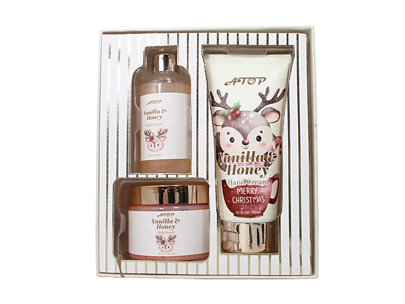 3 in 1 Vanilla & Honey Christmas Spa Self Care Set - Bubble Bath, Hand Cream & Body Scrub for Festive Nourishment